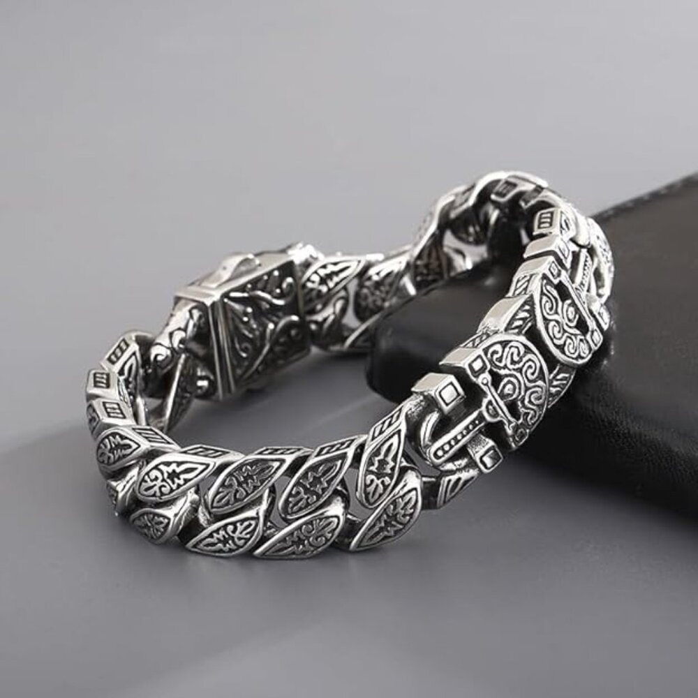 Vintage Cross Men Bracelet Stainless Steel Men's link Bracelet Silver 8.66"